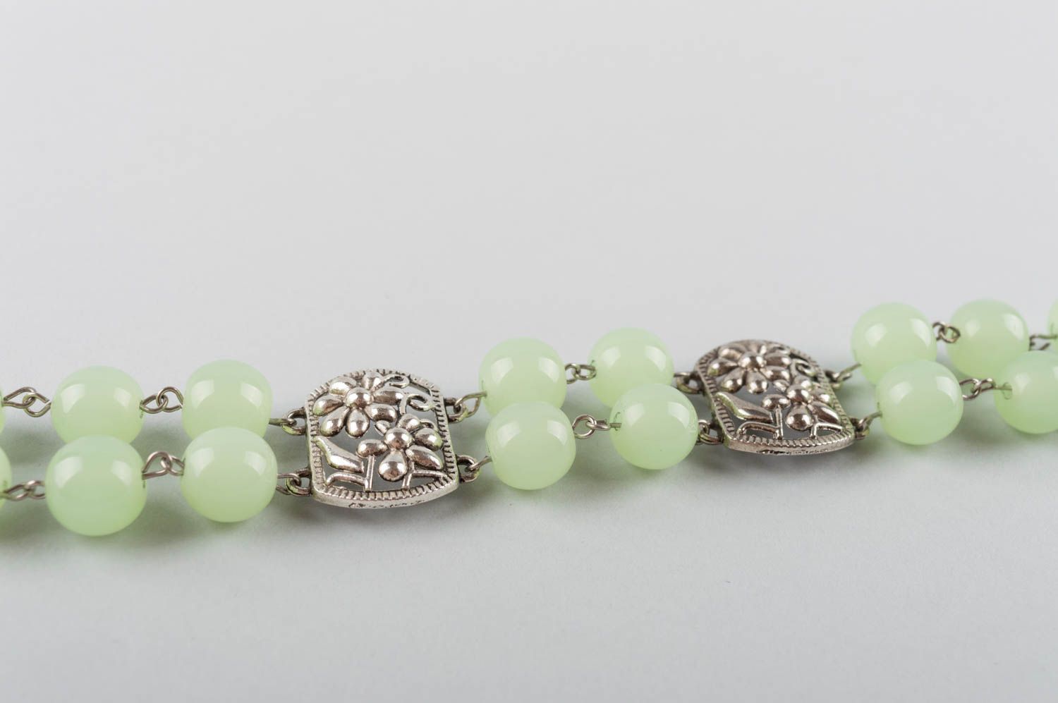 Beautiful gentle green handmade metal bracelet with natural nephrite stones photo 5