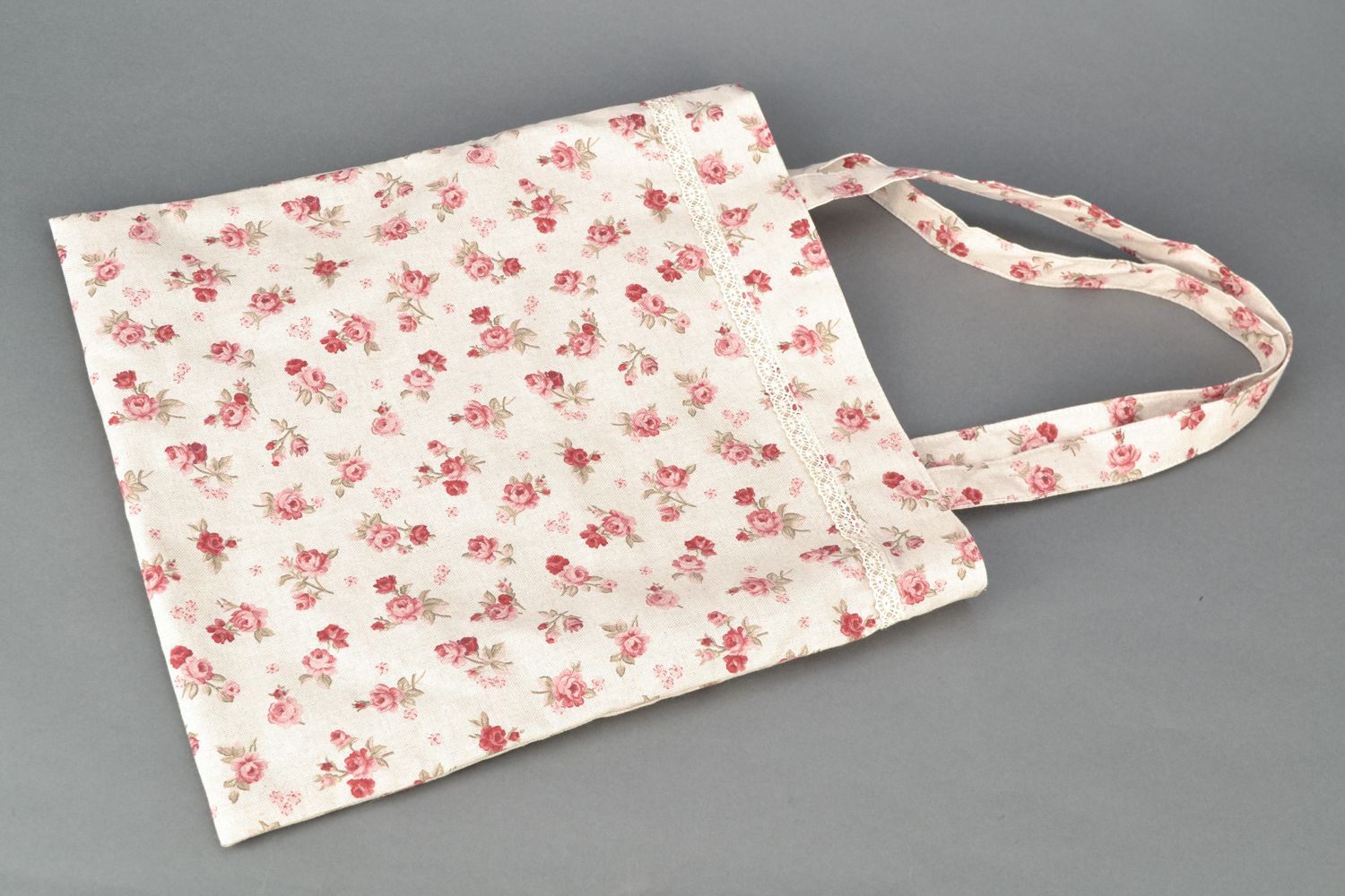 Grand sac en coton et polyamide fait main avec impression florale et dentelle  photo 3