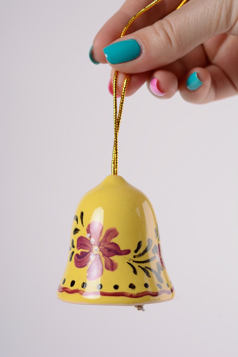 Handmade decorative yellow glaze maiolica ceramic bell with floral painting photo 2