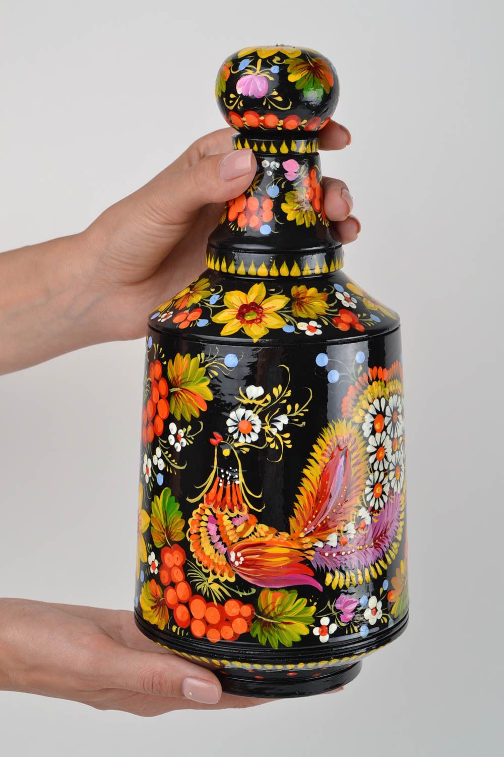 Handmade Deko Flasche Dekoration aus Holz Geschenk Idee mit Petrykiwka Malerei foto 7