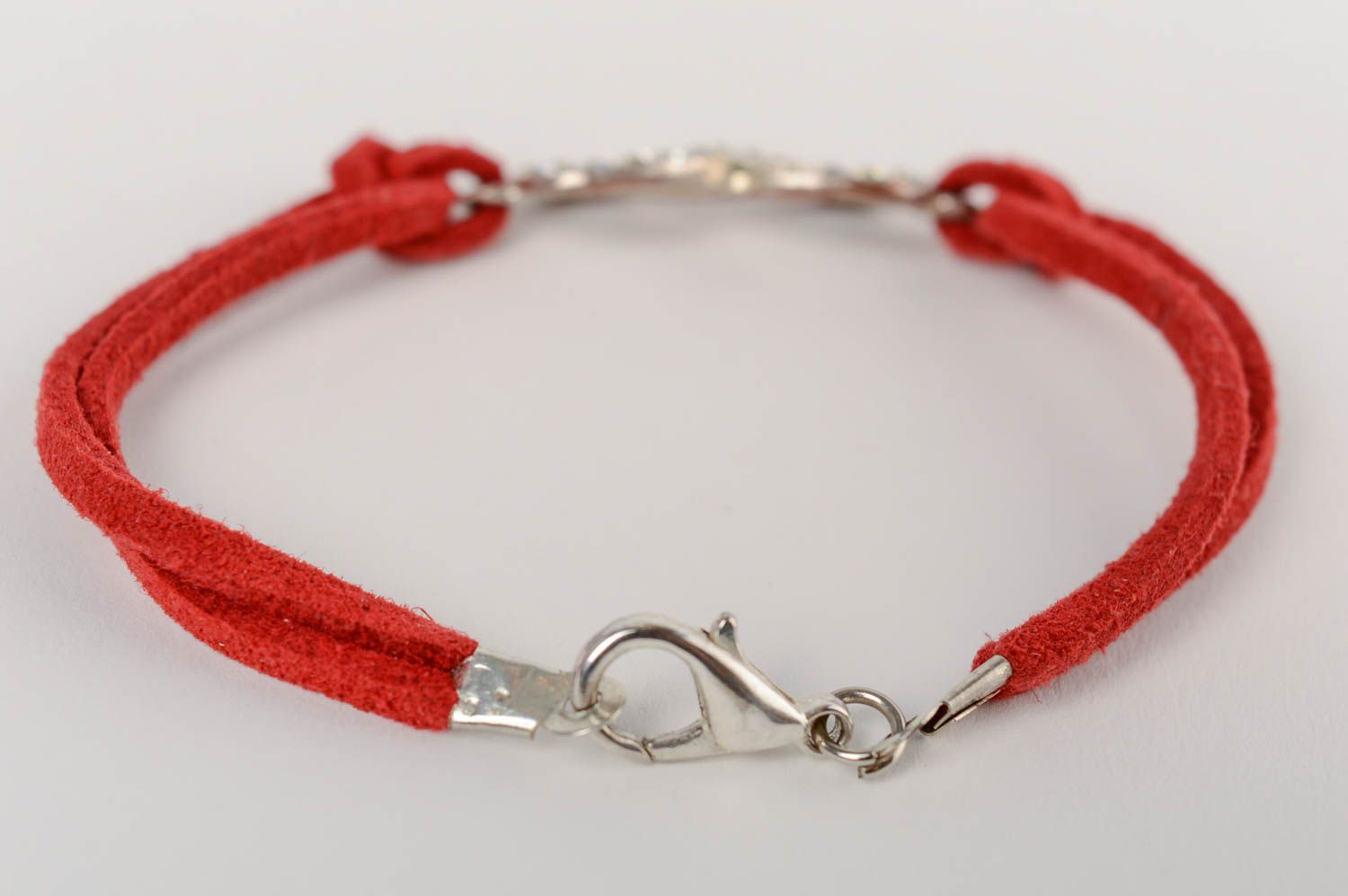 Handmade thin red suede cord bracelet with metal charm infinity sign photo 3