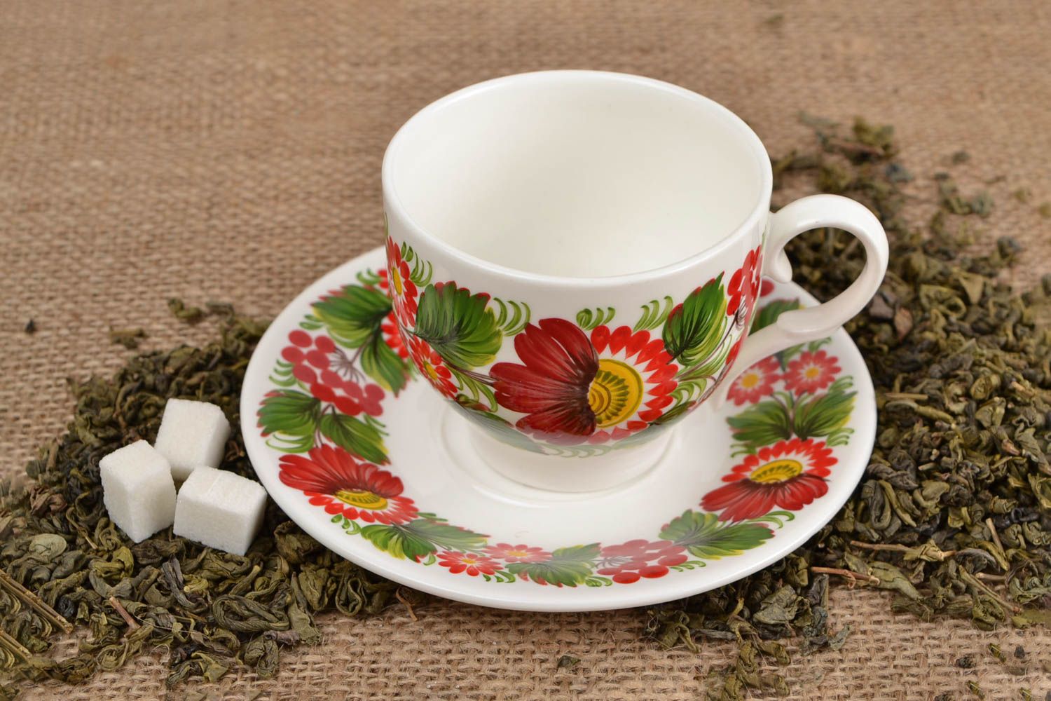 8 oz white porcelain teacup in bright floral red and green colors with handle and saucer photo 1