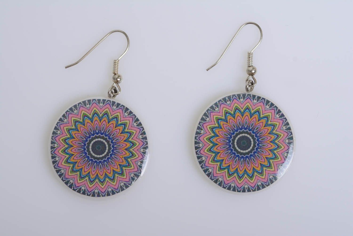 Beautiful bright women's handmade plastic earrings with decoupage pattern photo 5