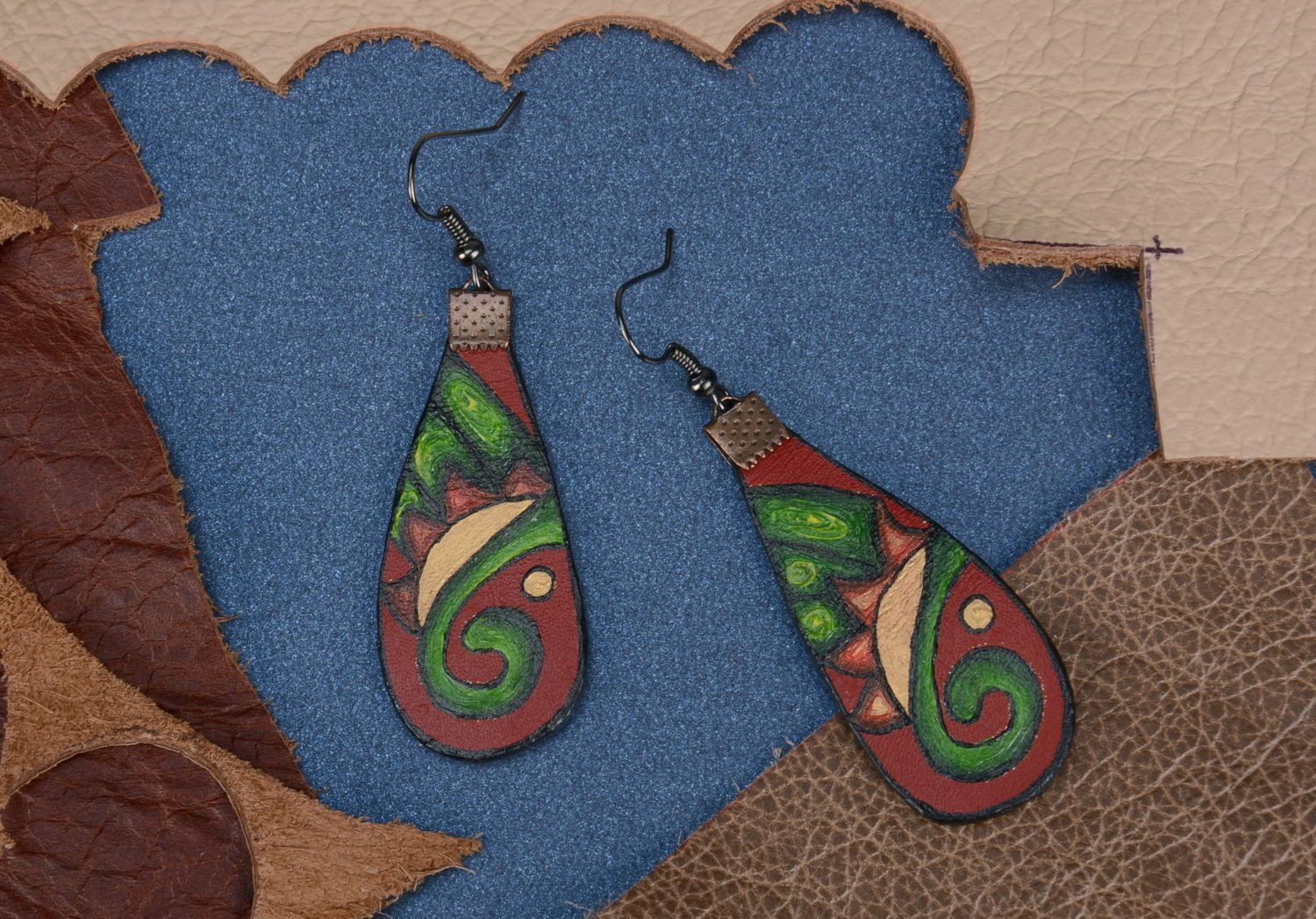 Leather earrings with ornament photo 4