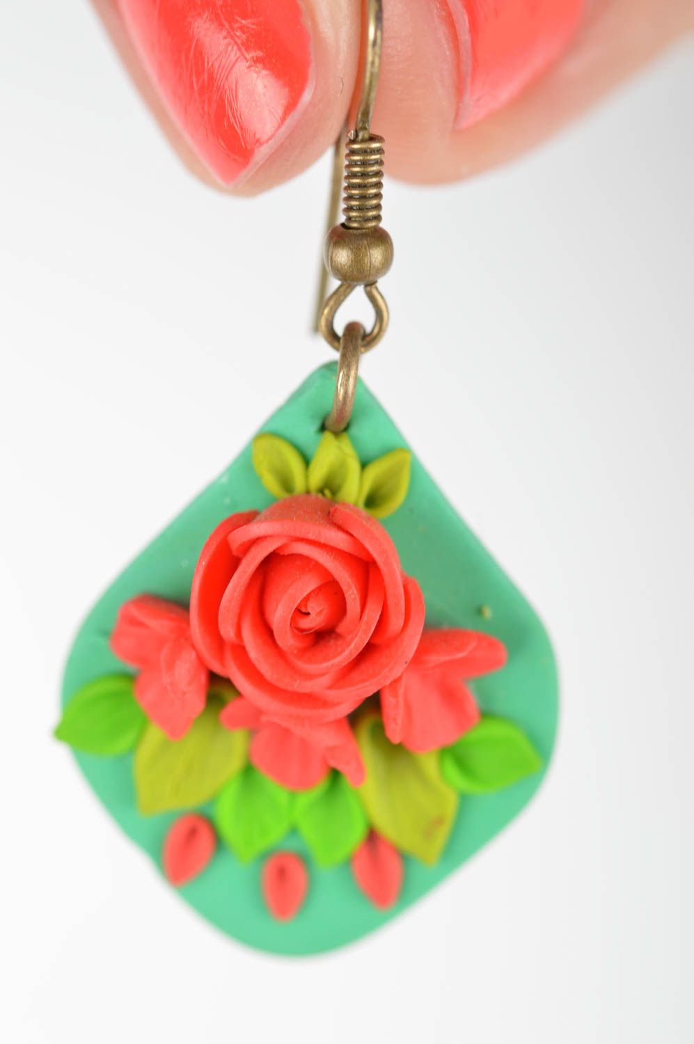 Polymer clay handmade designer earrings with red roses summer accessory photo 3