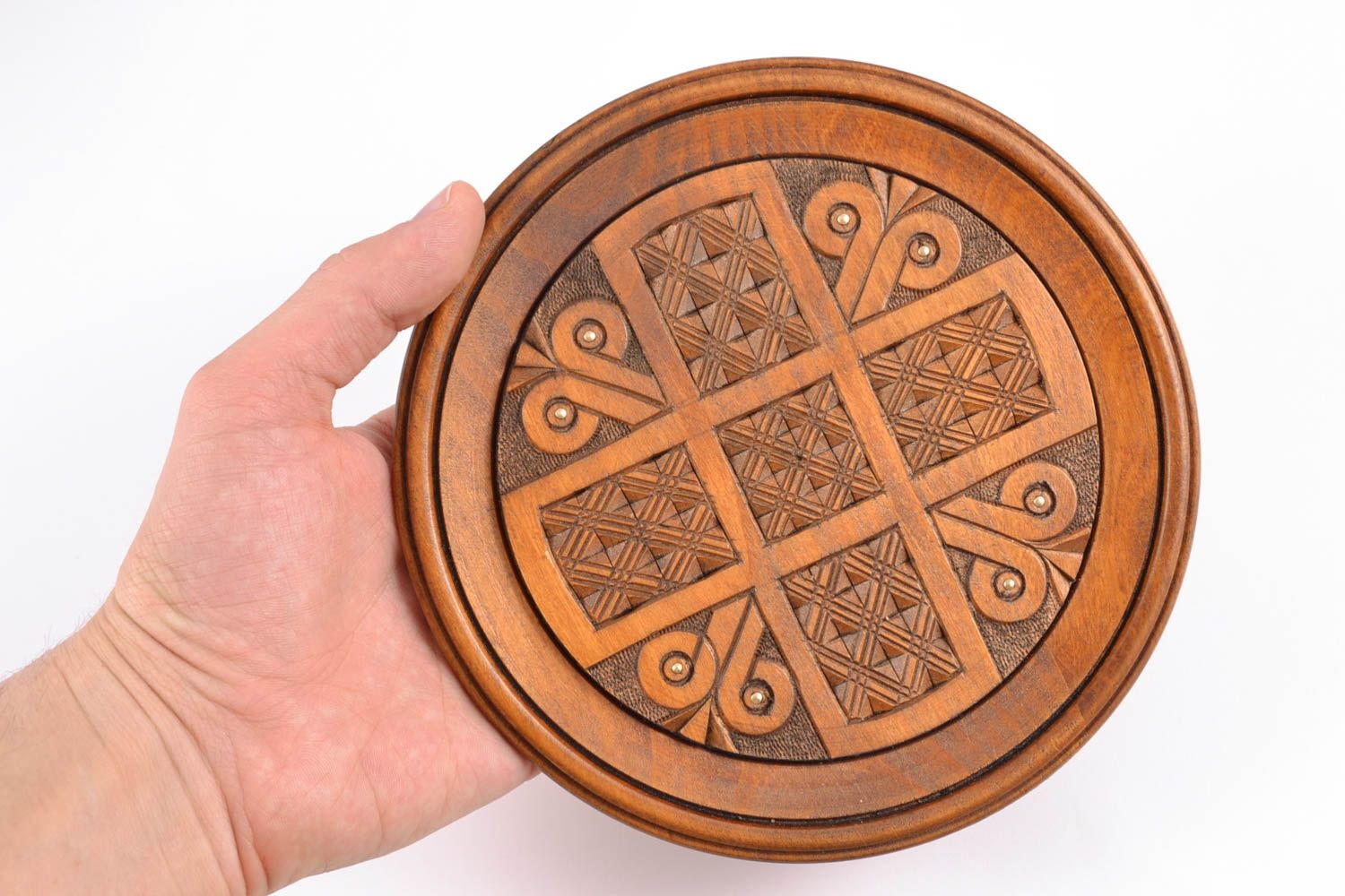Wooden plate with inlay and carving photo 2