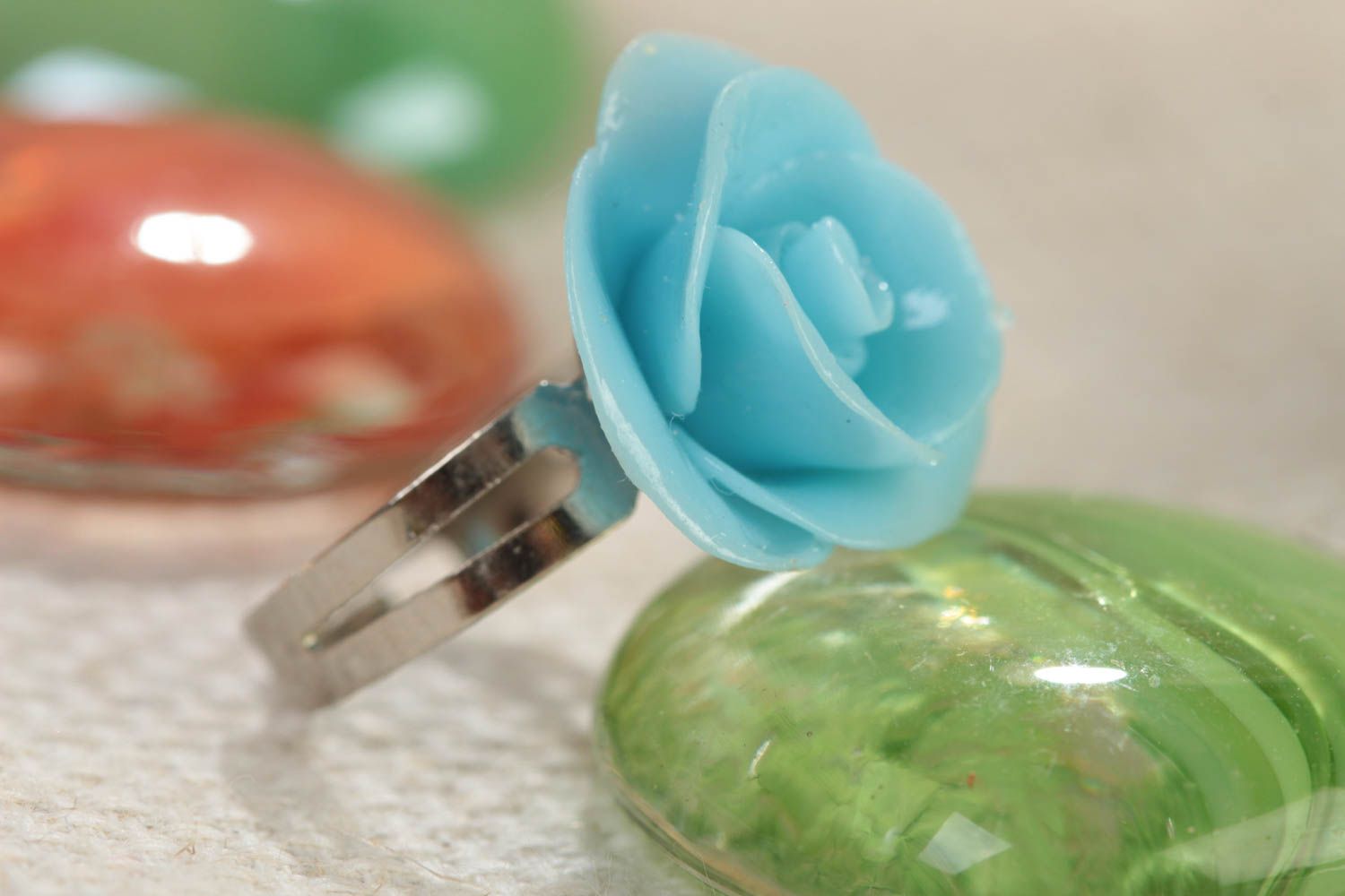 Handmade jewelry ring with metal basis and small polymer clay blue flower photo 1