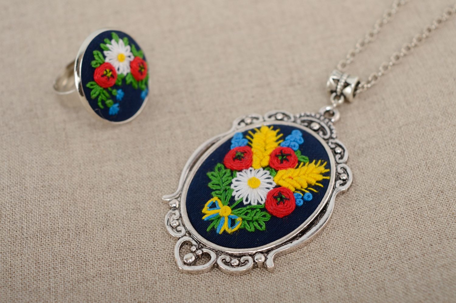 Pendant with French knot embroidery on long chain photo 5