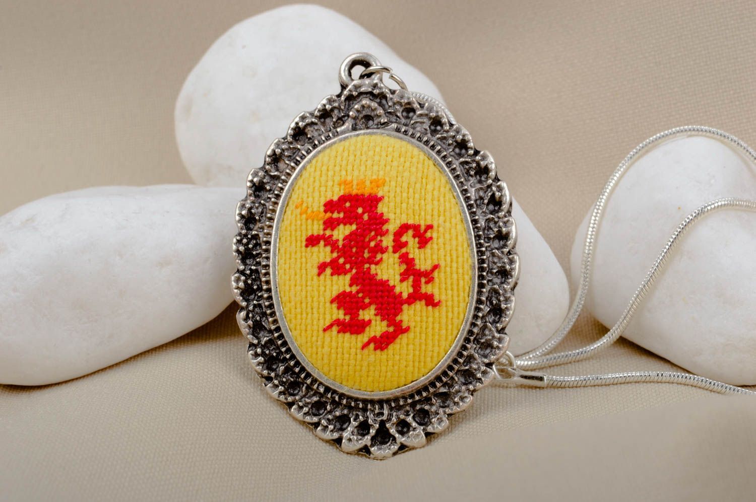 Handmade beautiful jewelry unusual embroidered pendant elegant pendant photo 1