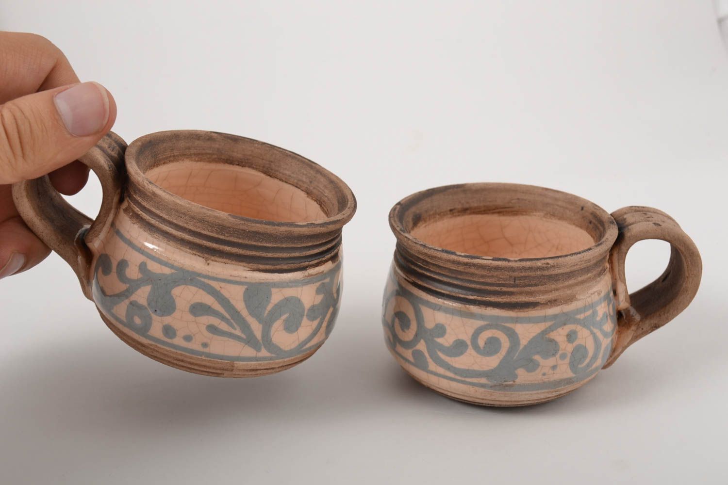 Pair of 2 two ceramic glazed espresso coffee cups in Mexican style 0,73 lb photo 2