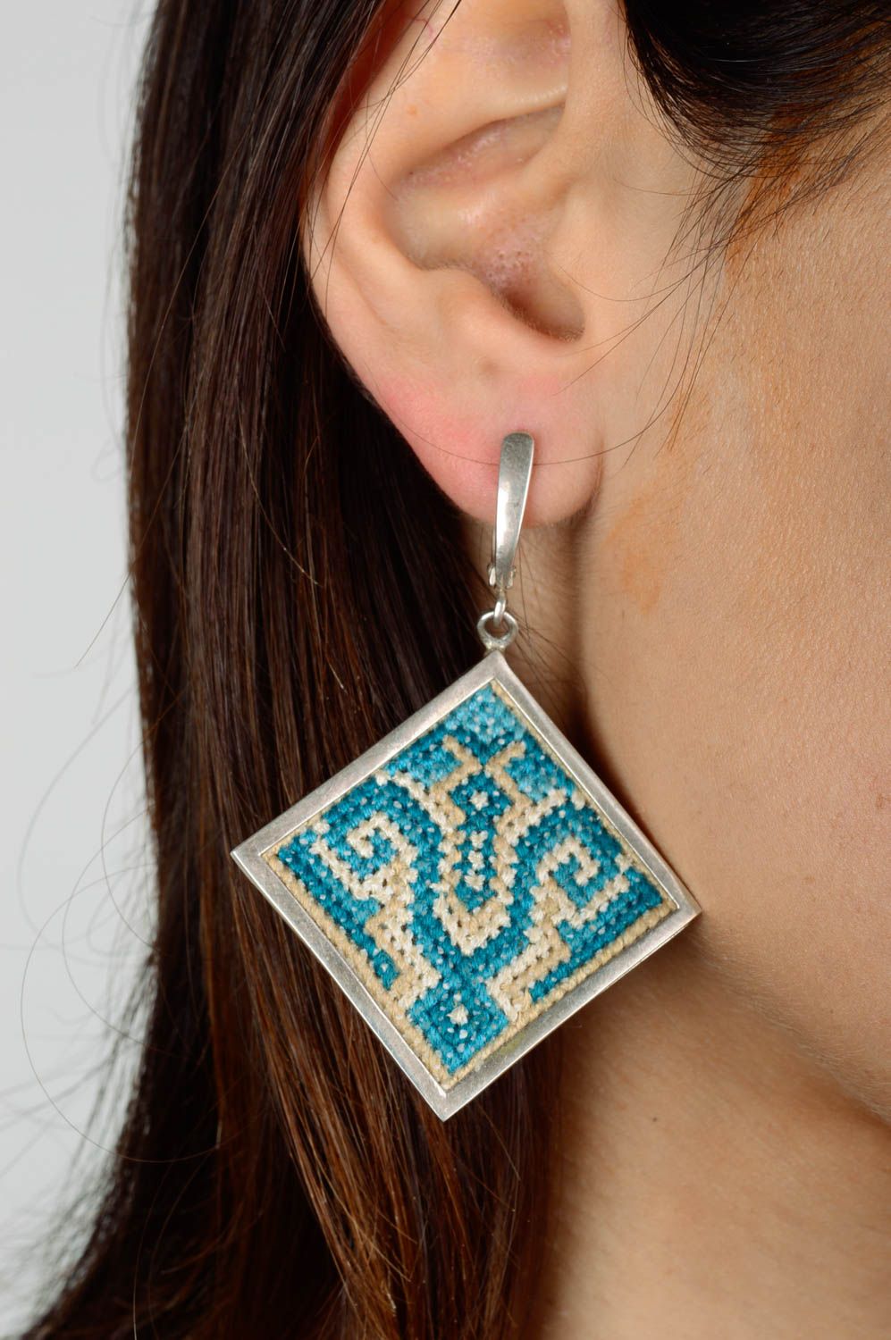 Handmade embroidered earrings designer fabric accessories with embroidery photo 2