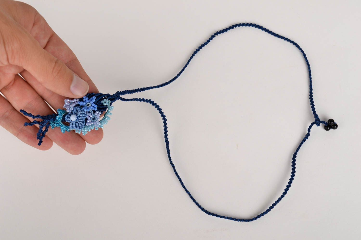 Makramee Anhänger handgefertigt Collier Halskette Damen Modeschmuck in Blau foto 5