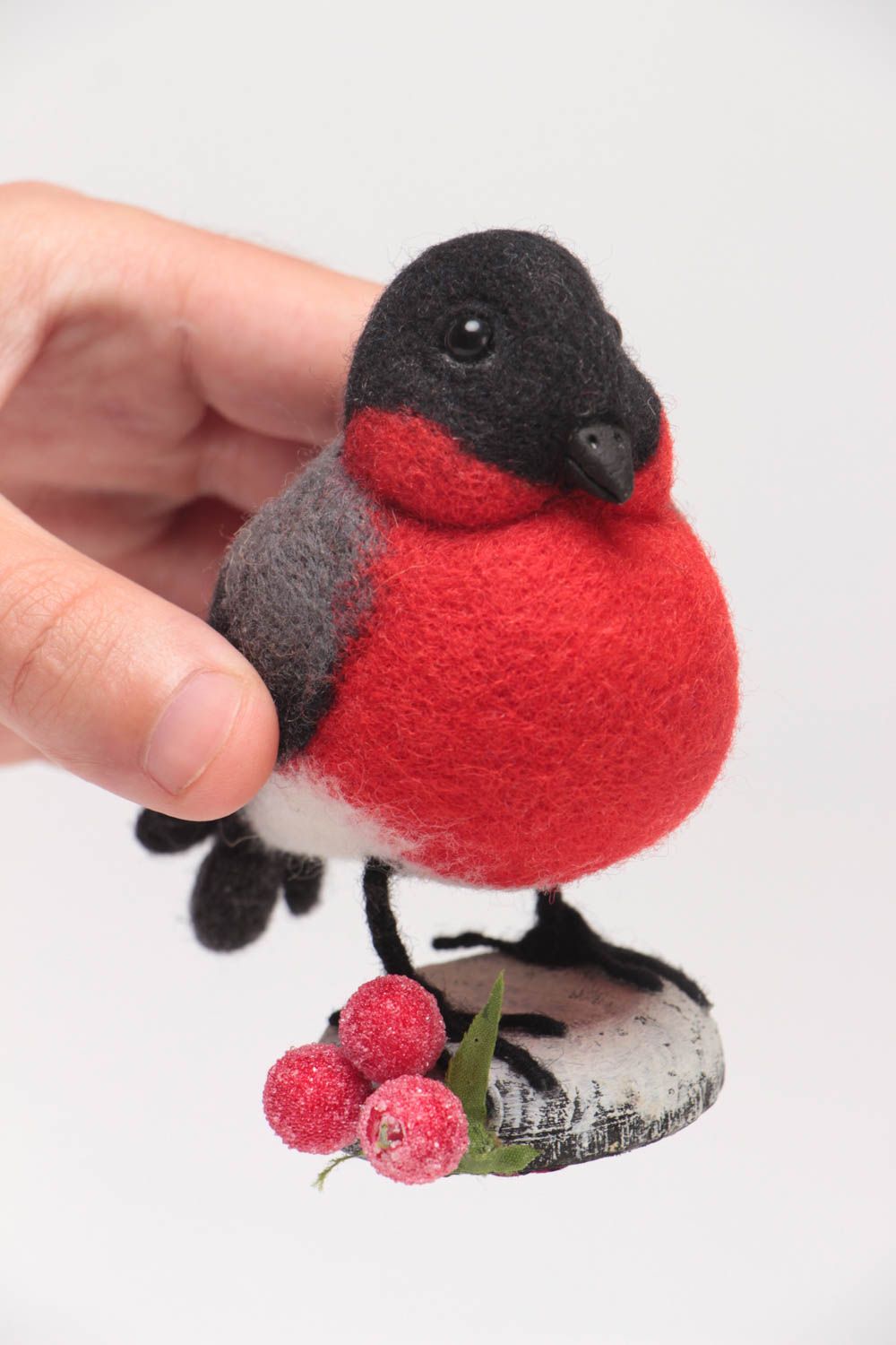 Handmade needle felted natural woolen figurine of bullfinch for table decor photo 5