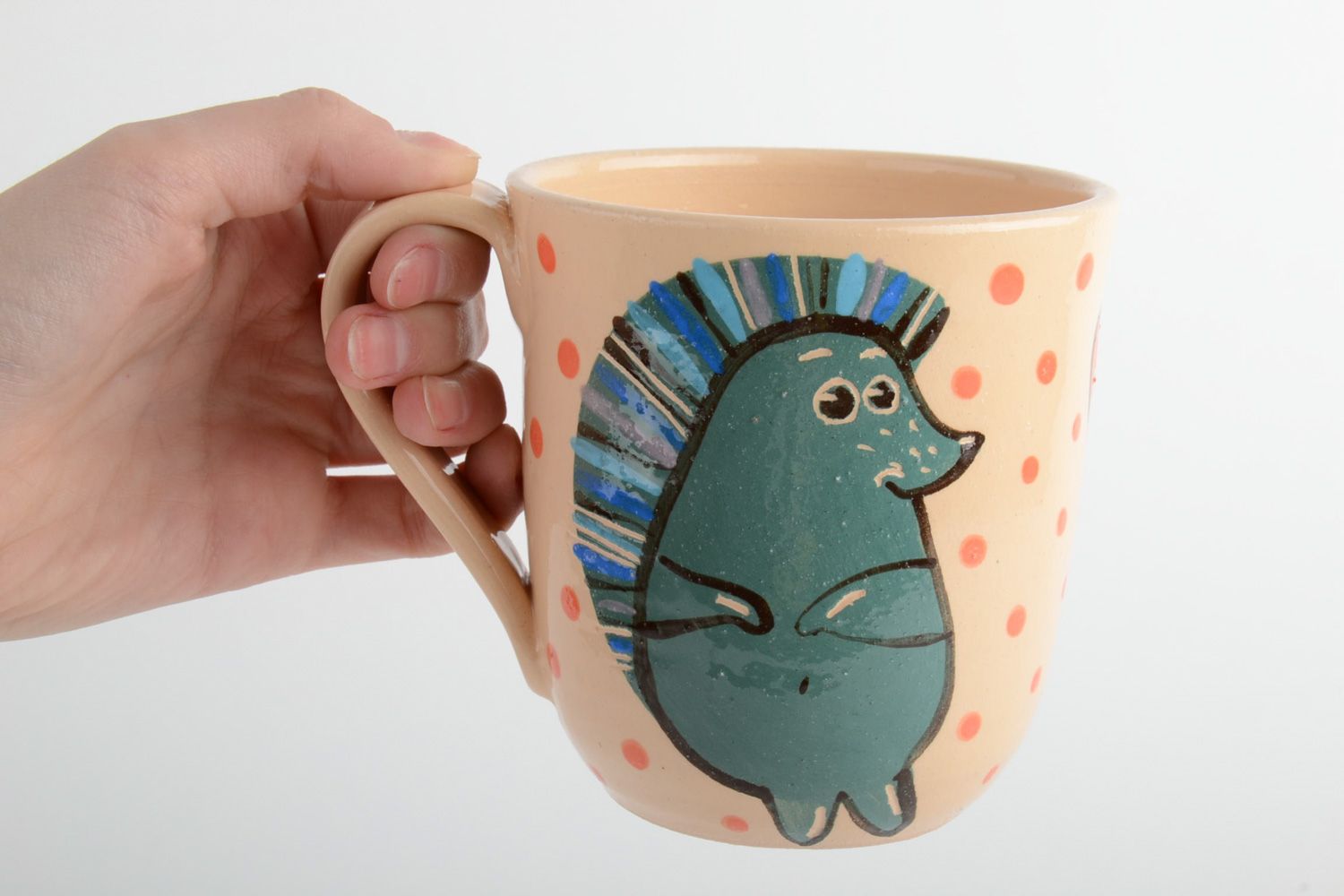 Unique ceramic glazed drinking cup with hedgehog pattern  photo 5
