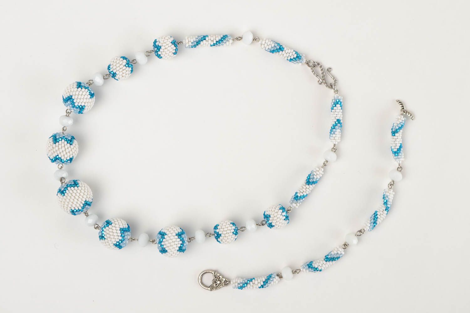 Bead set of necklace and chain bracelet in white and blue color. Great gift for girls photo 3