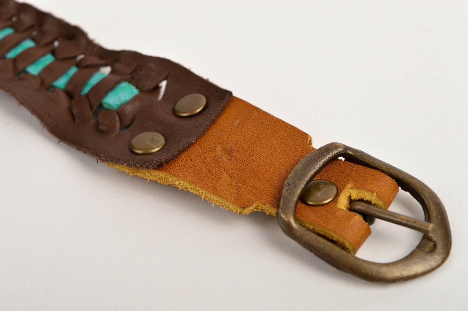 Bracelet design Bijou fait main large vrai cuir marron-turquoise Cadeau original photo 4