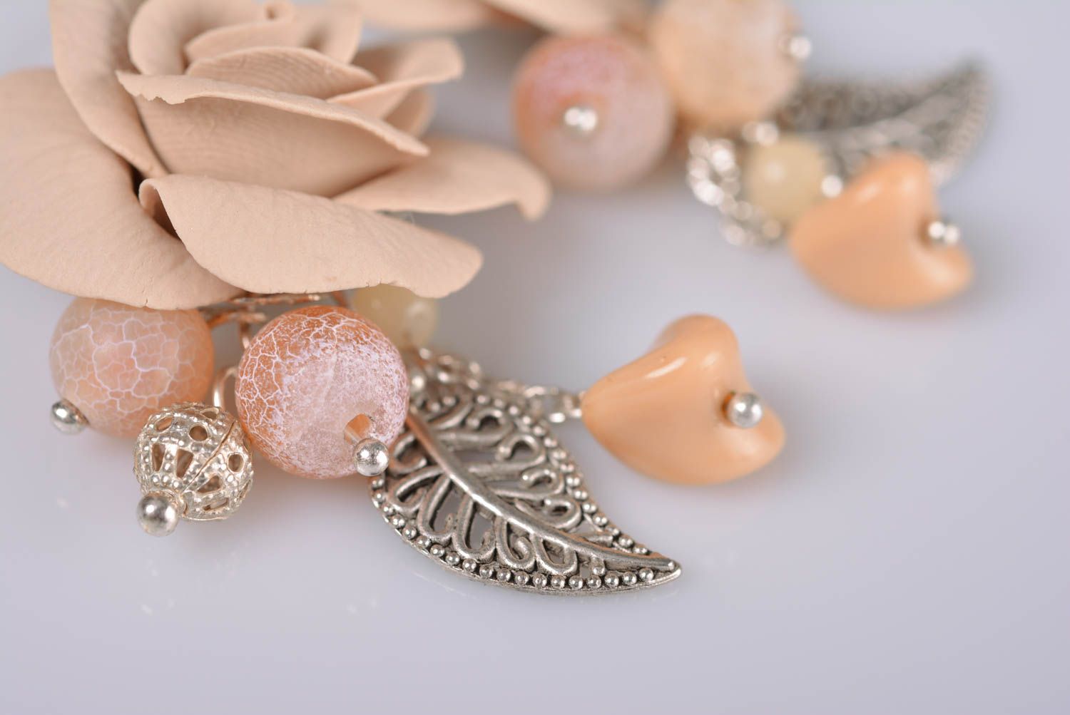 Handmade designer tender polymer clay rose flower earrings with metal charms photo 4