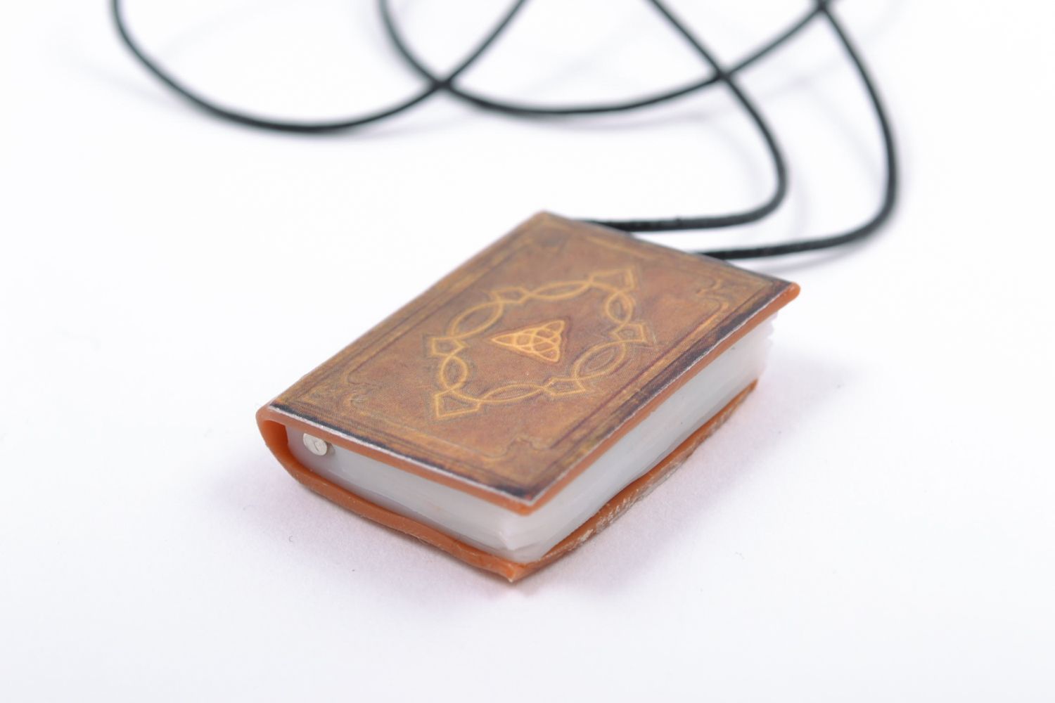 Polymer clay pendant in the shape of book with leather cord photo 3