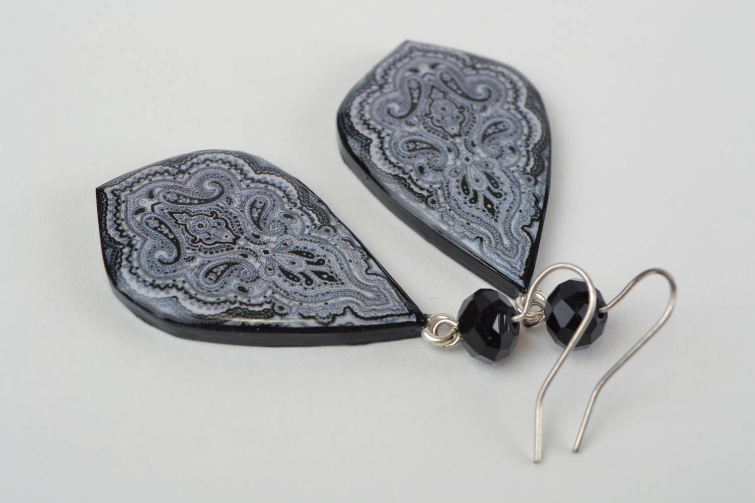 Beautiful black handmade polymer clay drop earrings with decoupage photo 4
