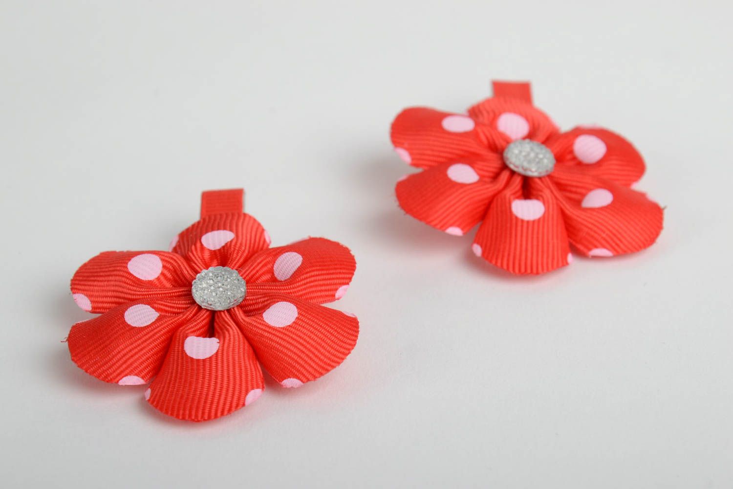 Handmade hair clips with red polka dot satin ribbon flowers set of 2 items photo 4