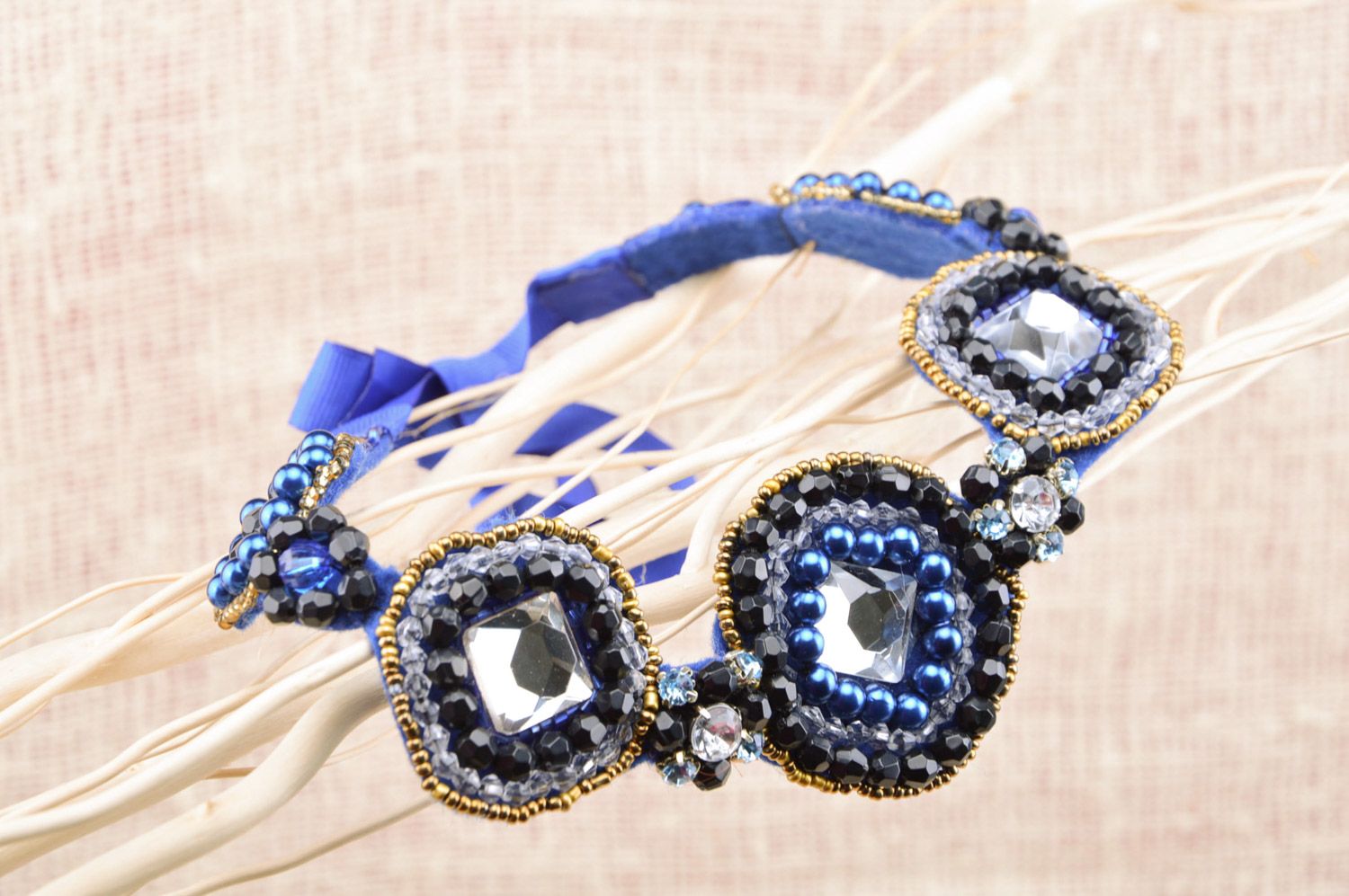 Elegant handmade bead embroidered collar necklace in blue colors 1001 nights photo 5
