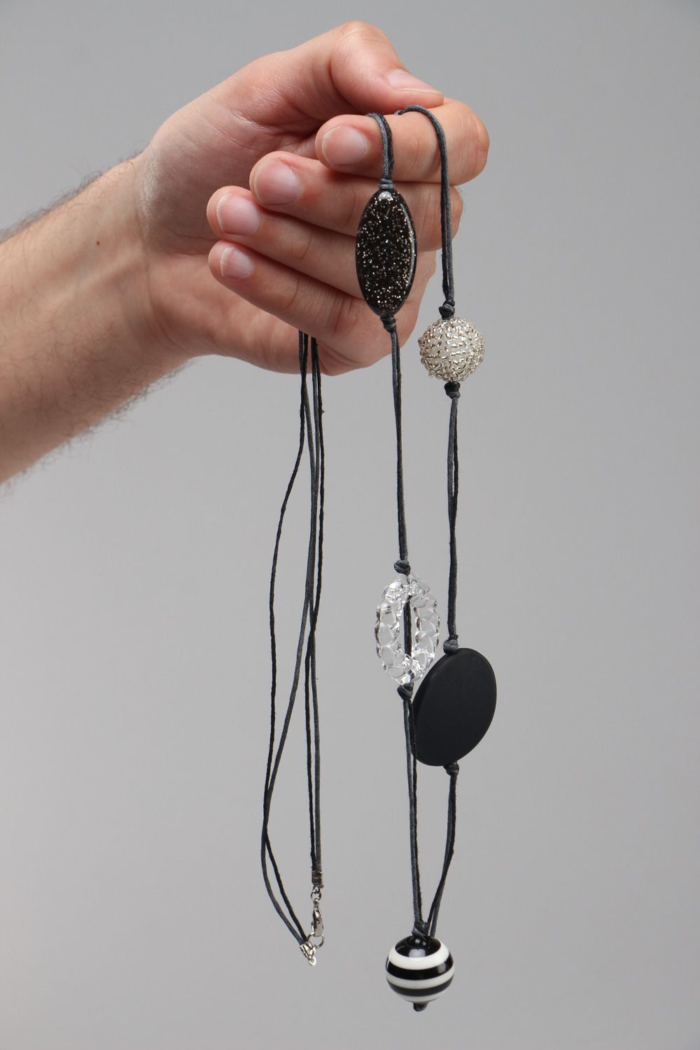 Handmade long black and white necklace with plastic beads of different shapes  photo 4