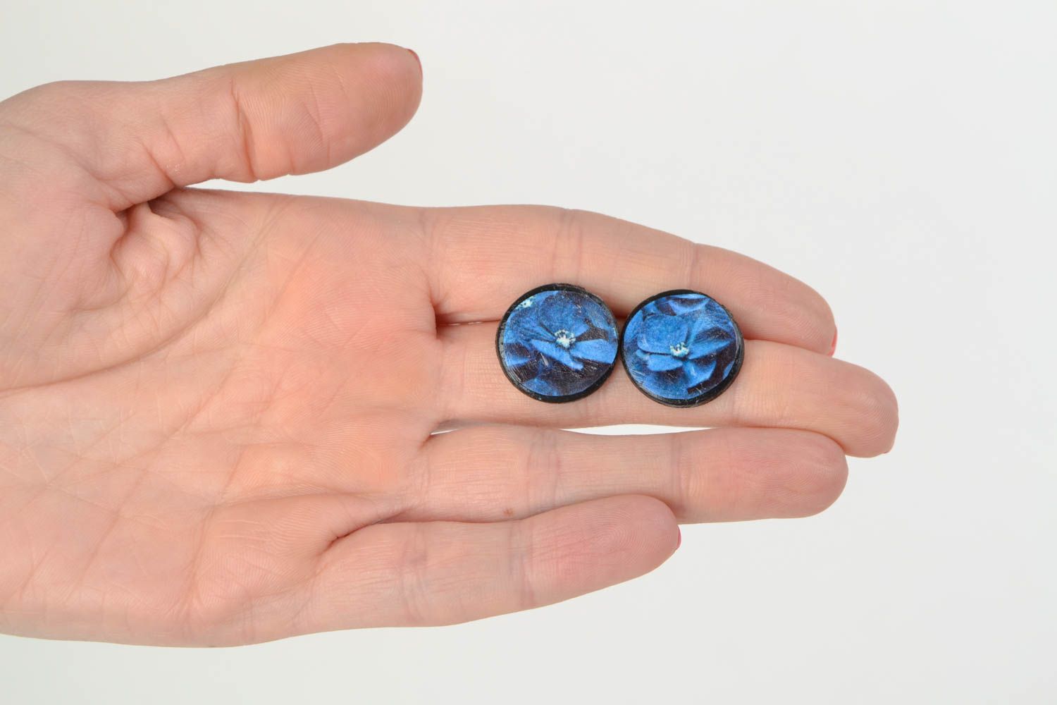 Handmade round polymer clay stud earrings with decoupage in blue color palette photo 2