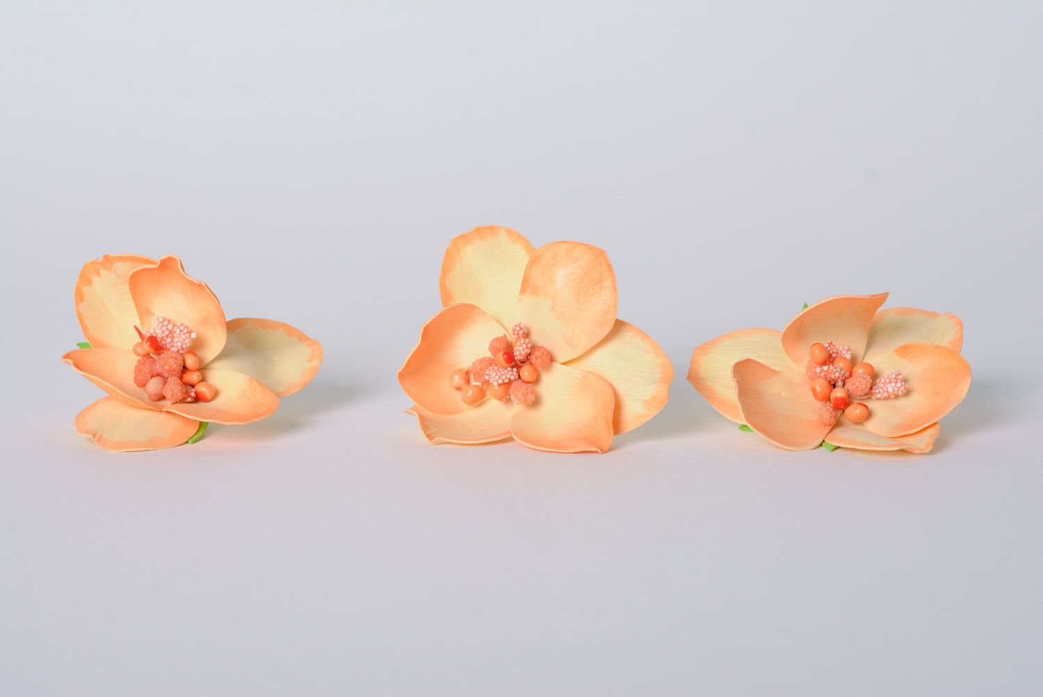 Set of handmade foamiran fabric flower hairpins 3 items Peach Orchids photo 3