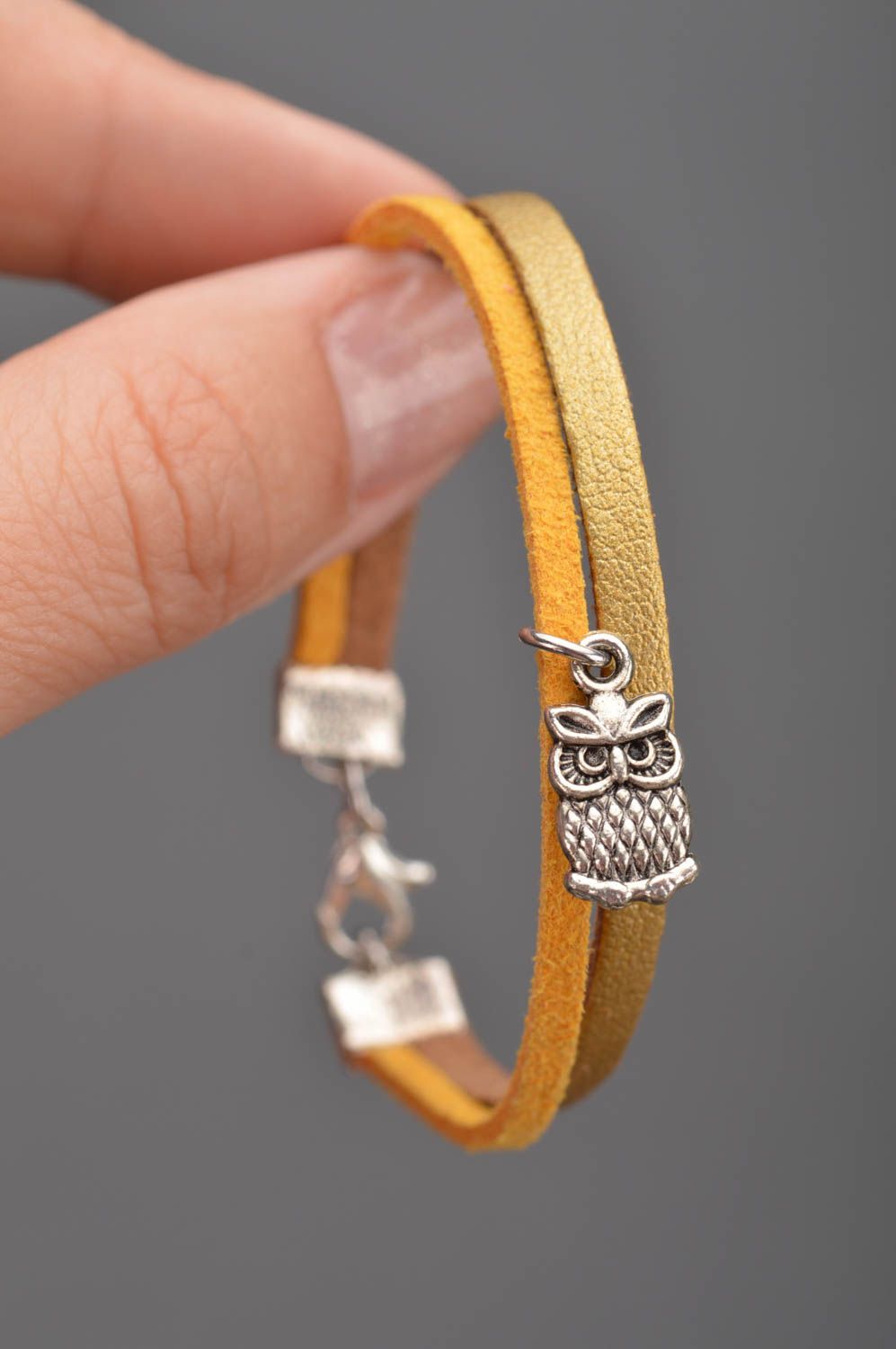 Handmade yellow and gold leather cord wrist bracelet with metal charm Owl photo 2