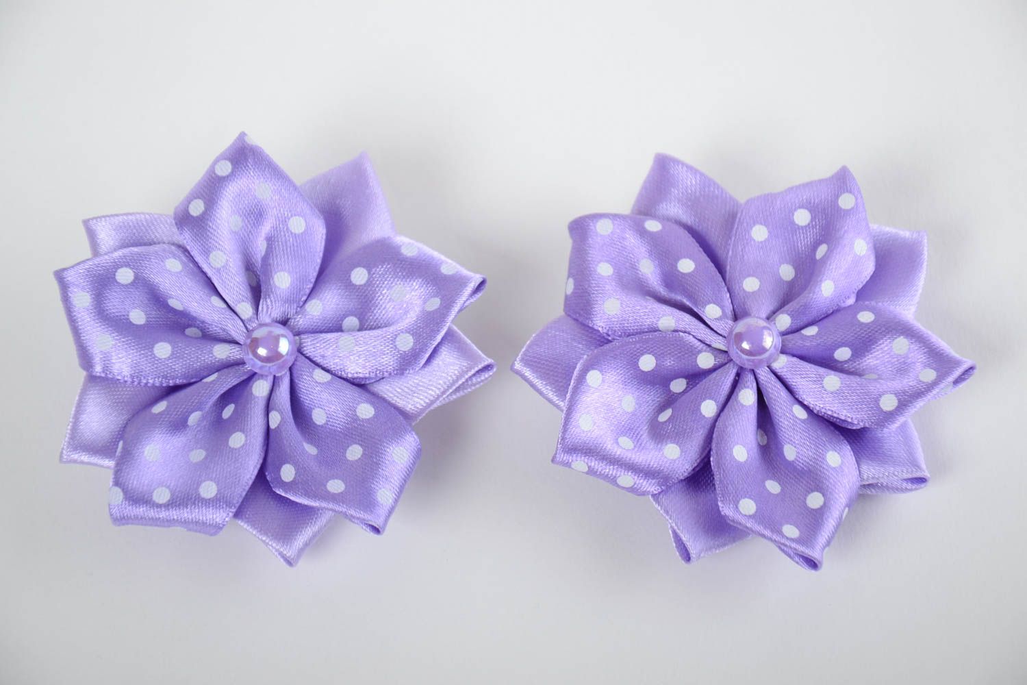 Set of handmade violet textile flower barrettes for children 2 pieces photo 2