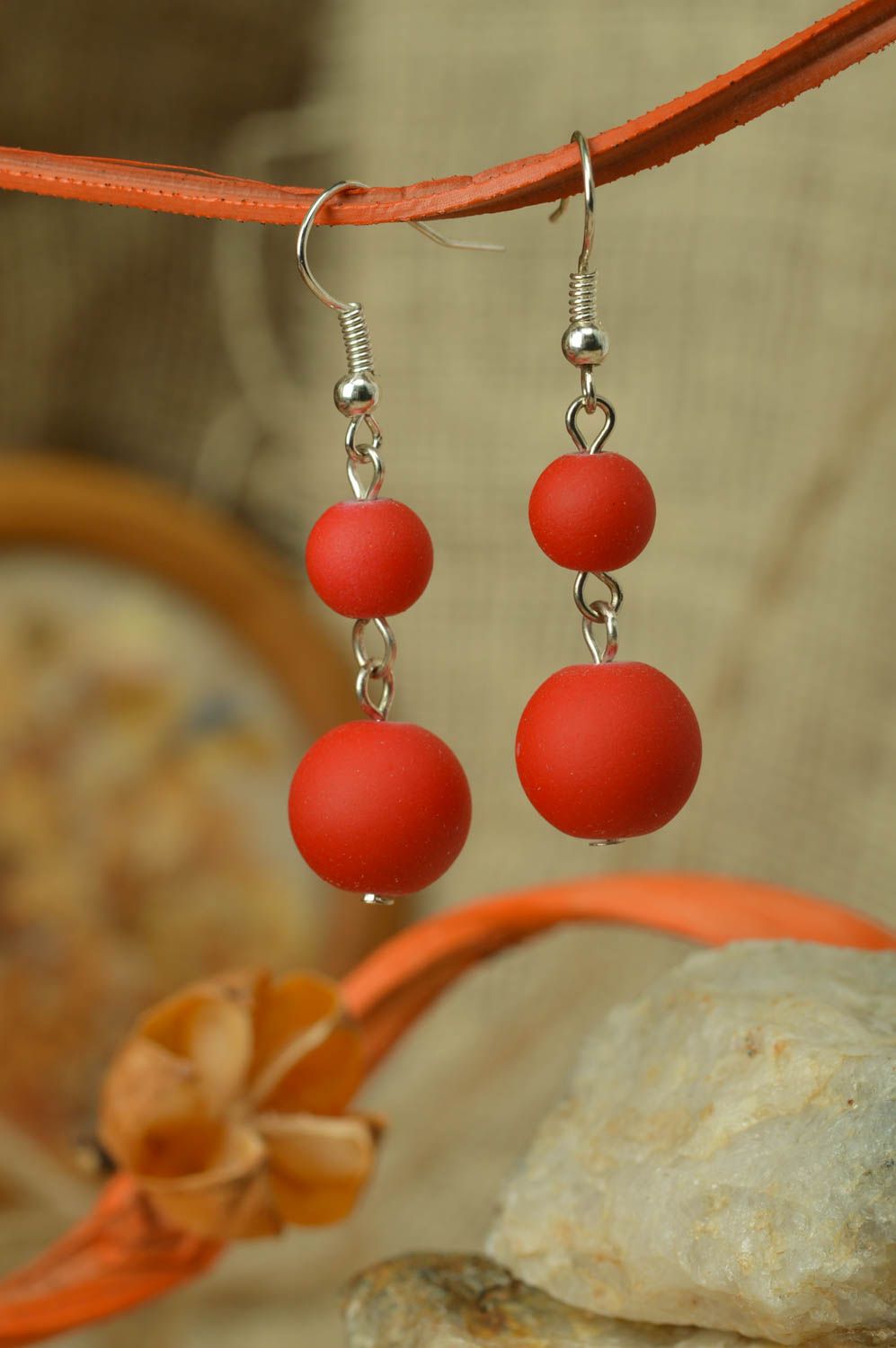 Handmade long dangle neon red beaded earrings designer for women photo 5
