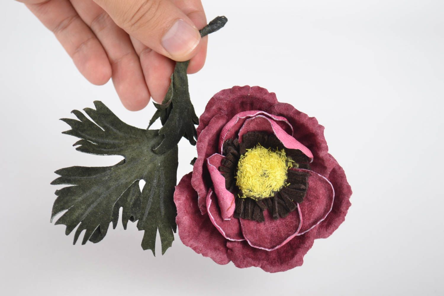 Handmade leather poppy flower brooch unique jewelry accessory for woman photo 5