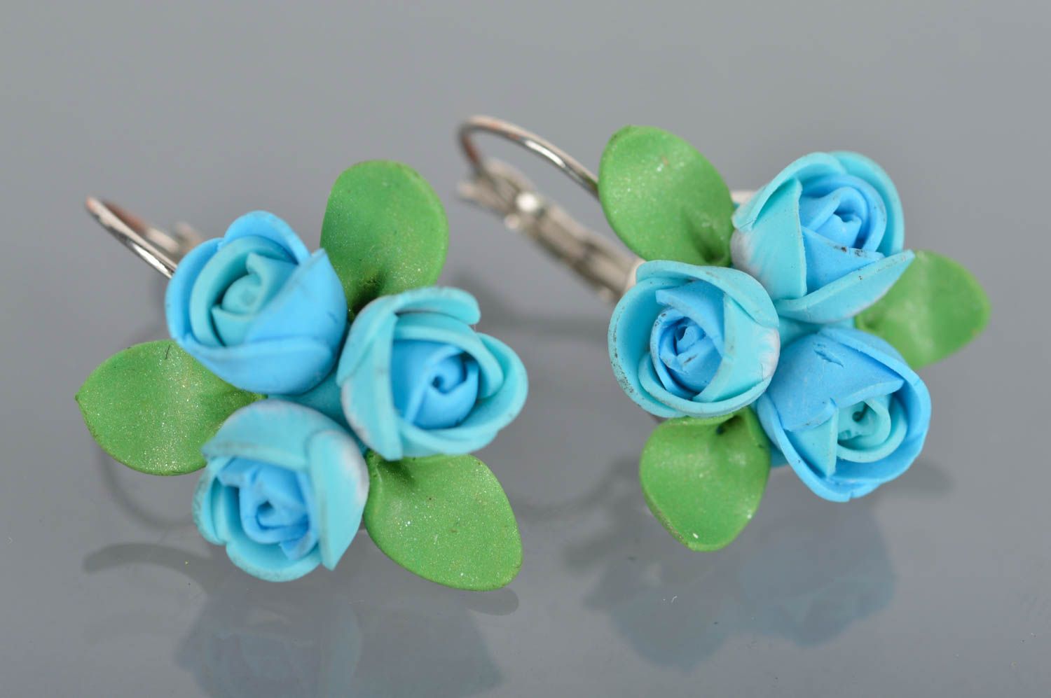 Handmade blue flower stylish earrings made of polymer clay with clasps  photo 2