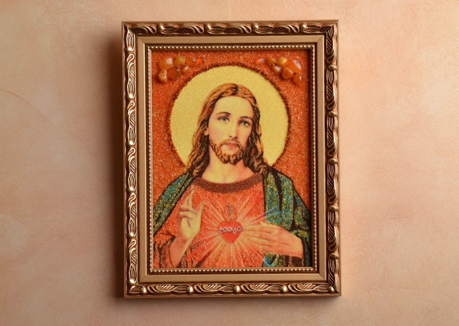 Католическая икона Иисуса Христа с янтарем репродукция фото 2