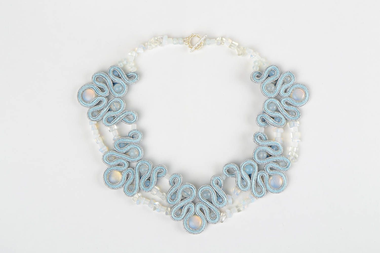 Unusual handmade blue soutache necklace with natural stone photo 2