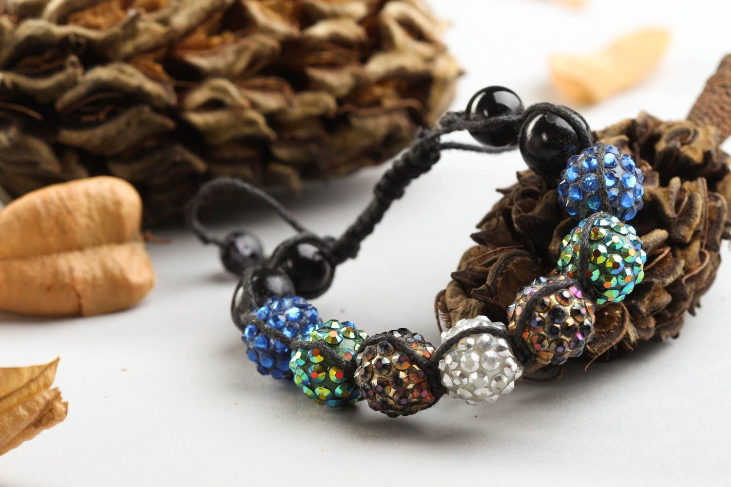 Handmade black wax strand cord bracelet with multicolor beads photo 2