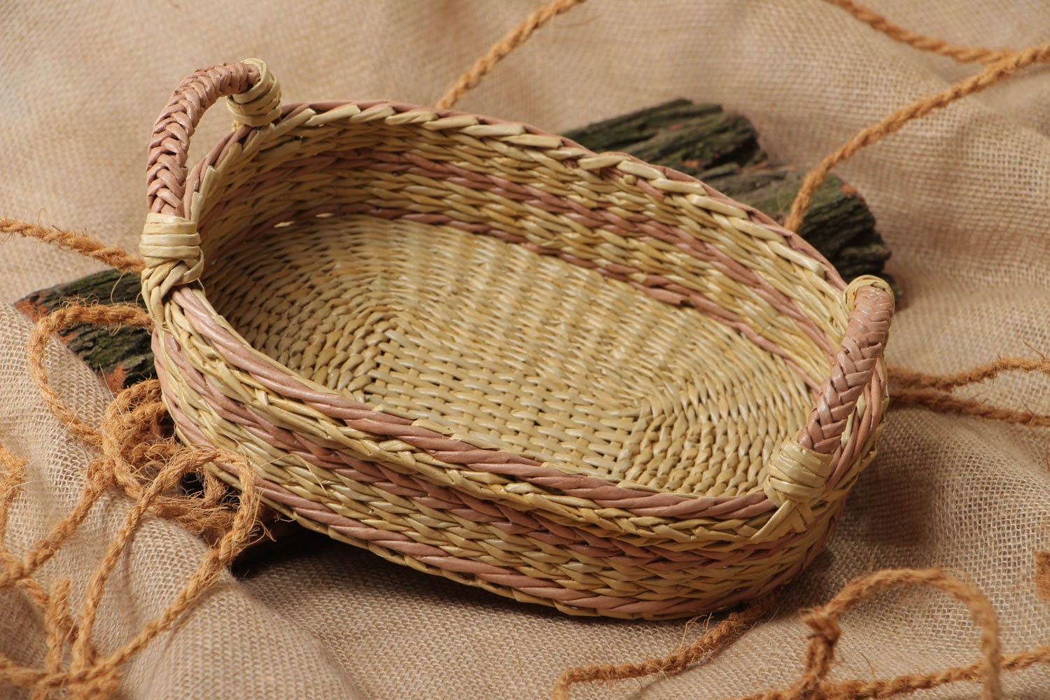 Handmade woven small  paper tray for breakfast with two handles home decor photo 1