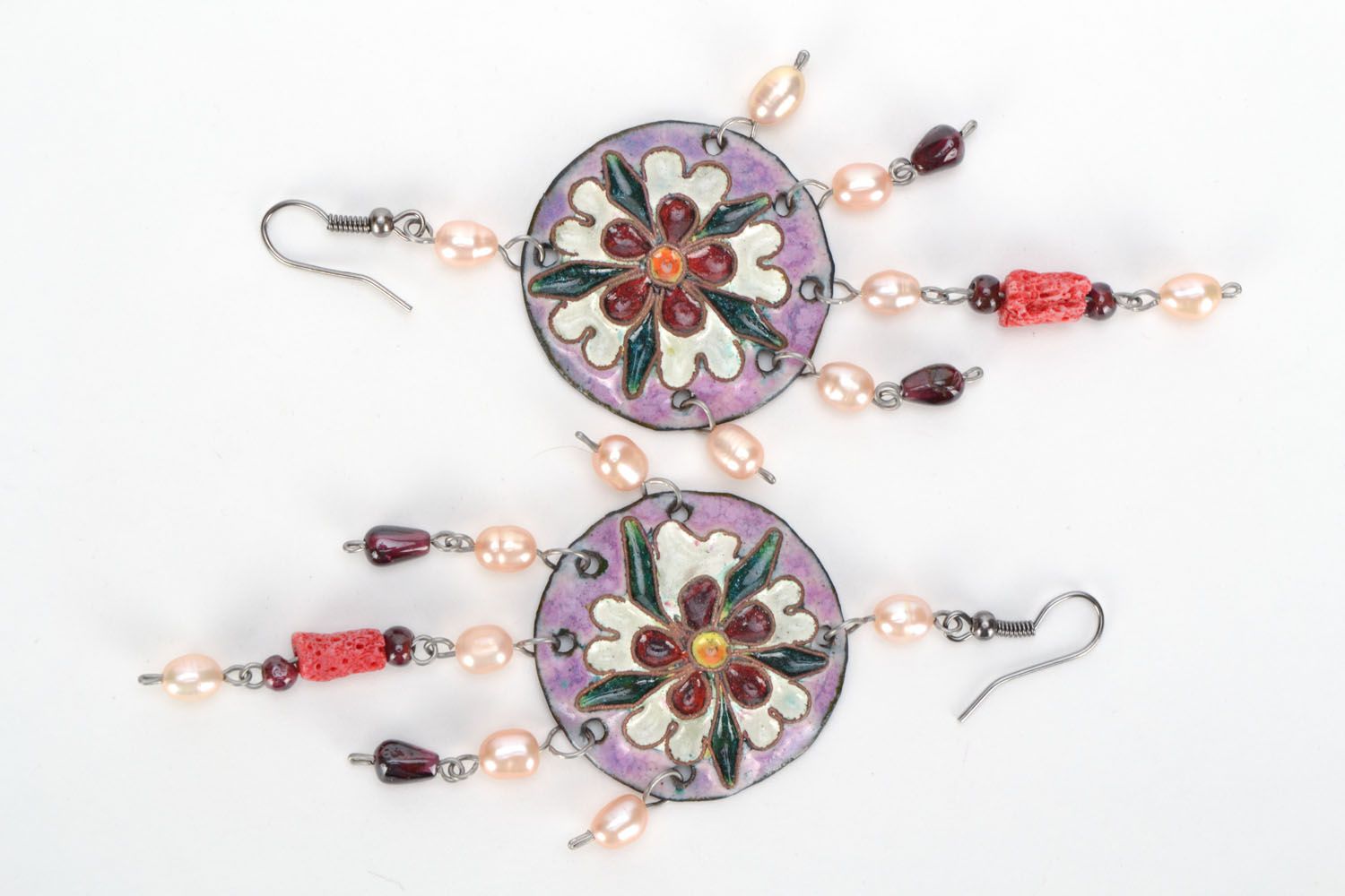 Copper earrings with garnet and coral  photo 2