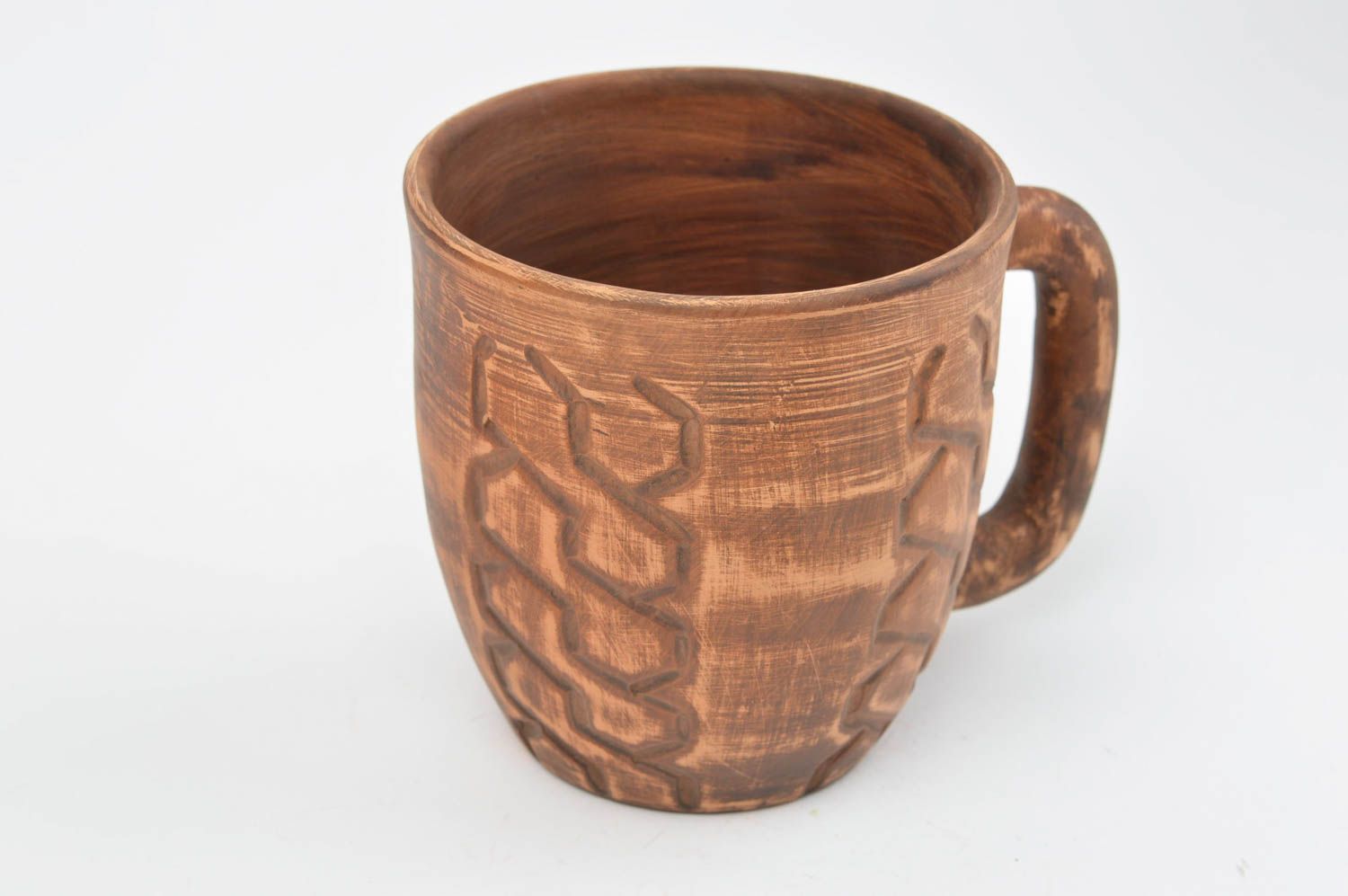 Large clay cup with handle and Viking pattern with no glaze 0,77 lb photo 3