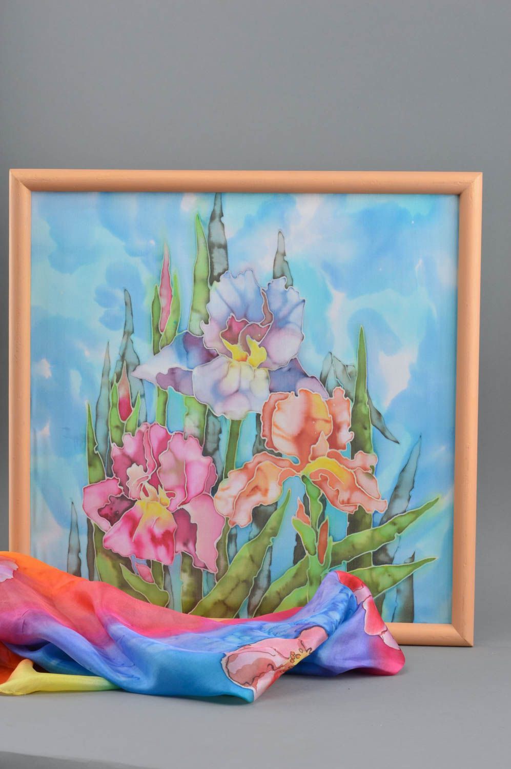Handgemachtes Wandbild Batik mit Blumen in Holzrahmen für Interieur Dekor foto 1