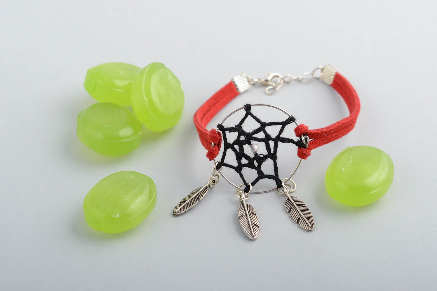 Handmade faux suede red cord woven wrist bracelet with dreamcatcher and charms photo 1