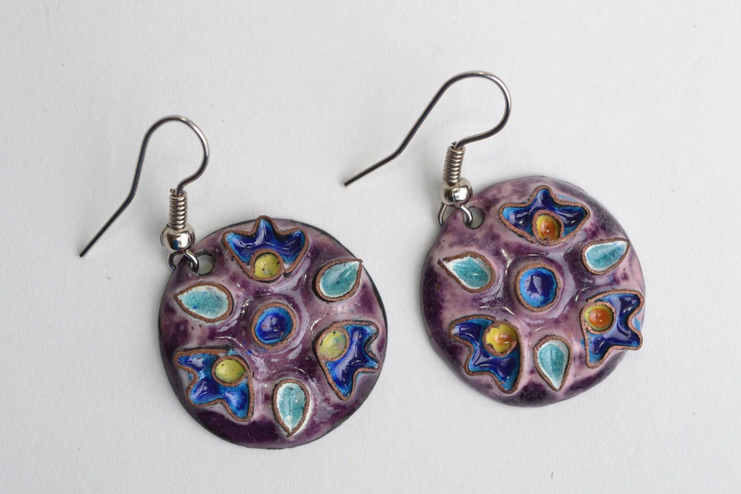 Handmade designer enameled copper round dangling earrings violet palette photo 1