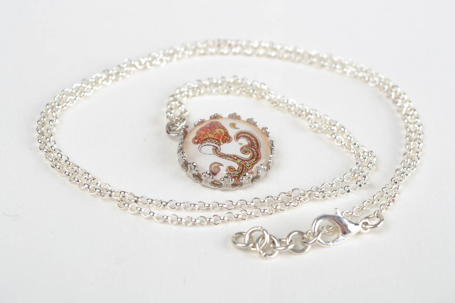 Handmade designer round glass pendant necklace on metal chain with Aquarius sign photo 1