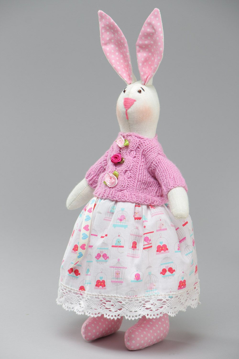 Funny handmade soft toy rabbit in pink knit jacket and floral skirt for kids photo 2