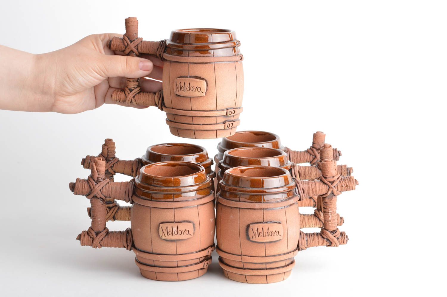 Set of 6 handmade large ceramic ethnic mugs with figured handles glazed photo 3