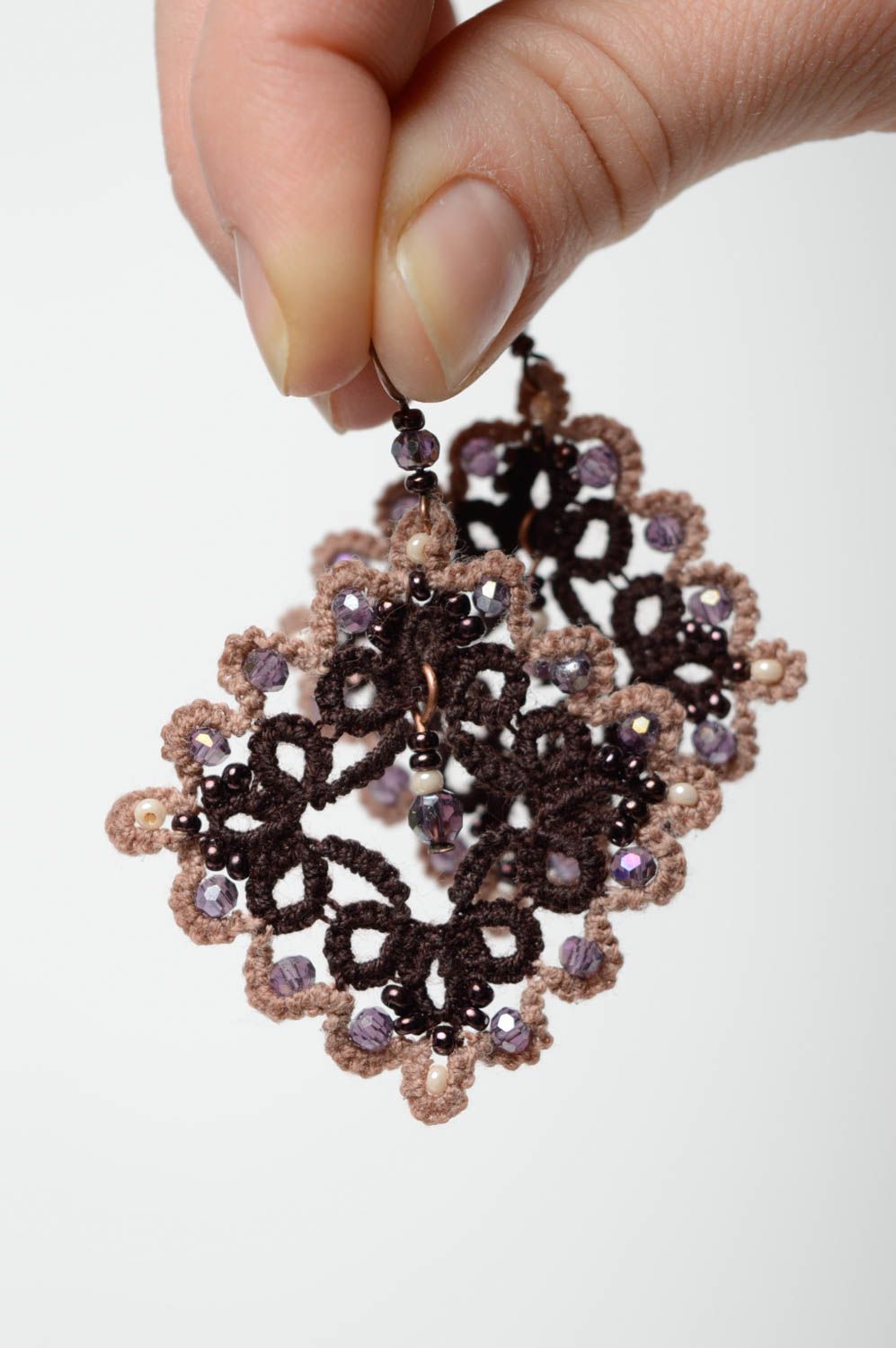 Handmade crochet earrings Brown Rhombus photo 4