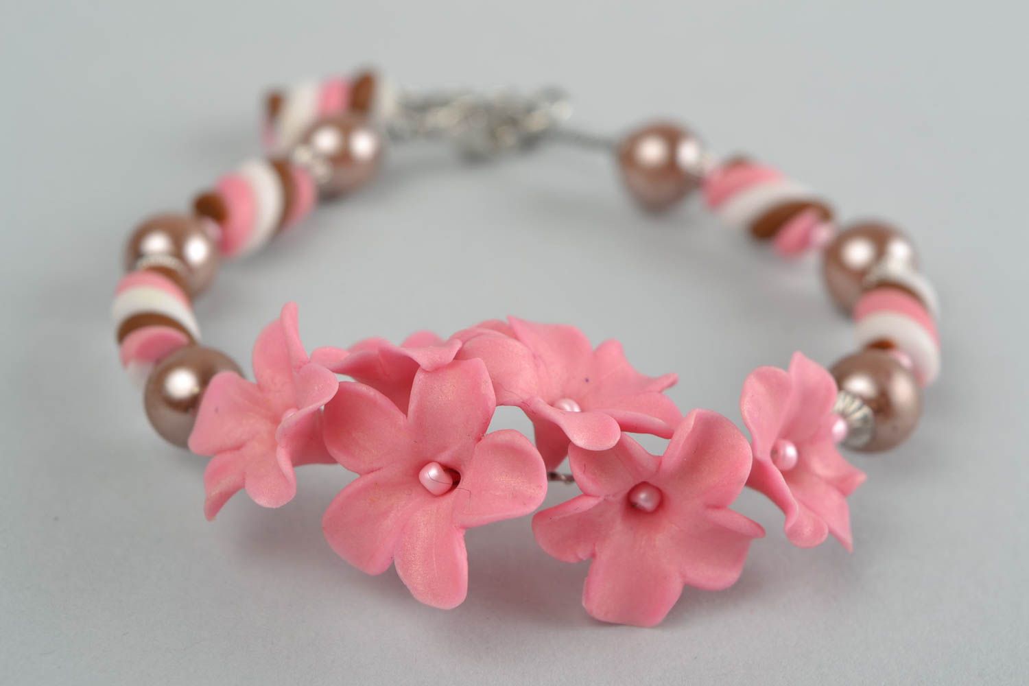 Women's handmade designer polymer clay flower bracelet with pink lilac flowers photo 1