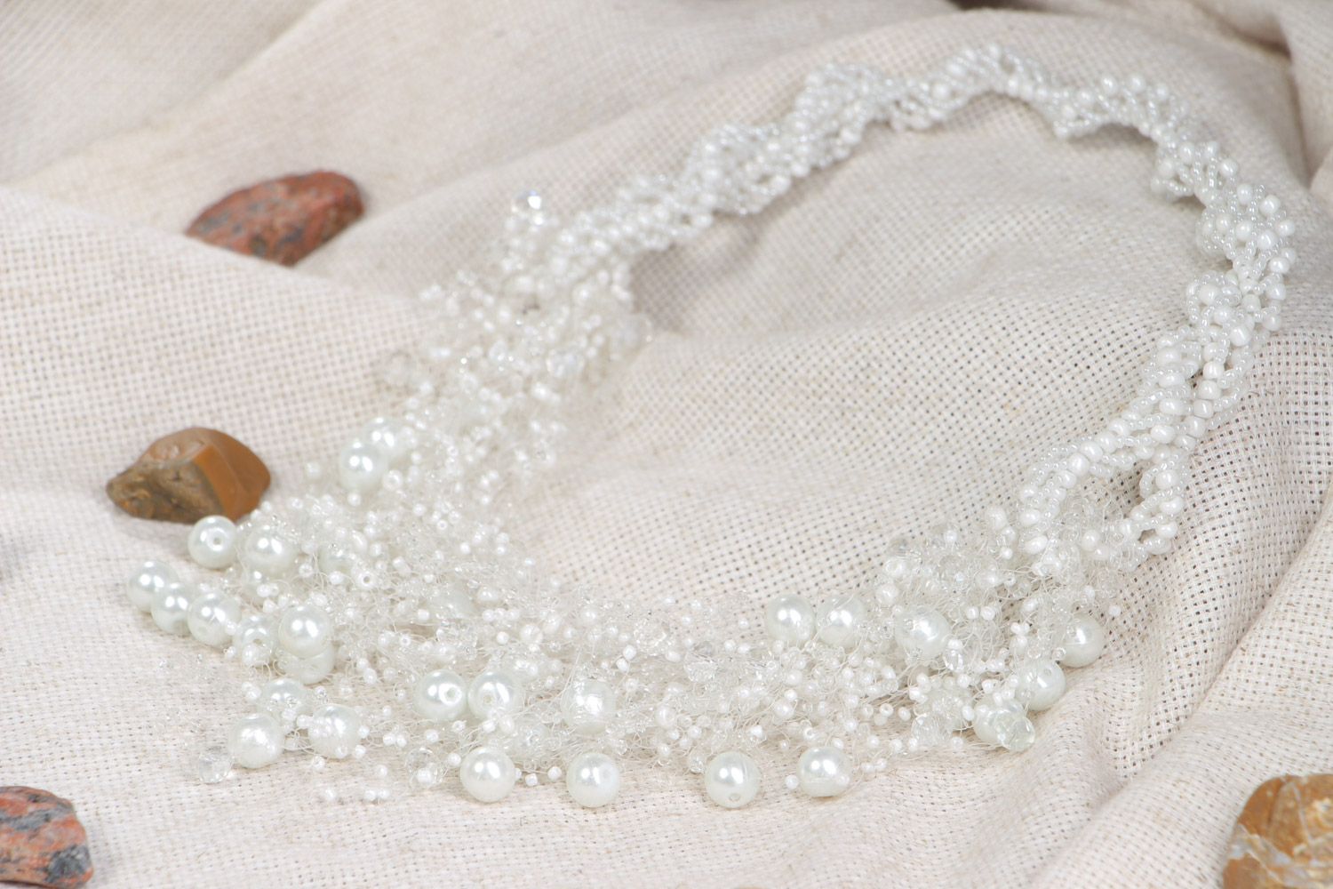 Handmade festive snow white airy necklace woven of beads of different sizes photo 1