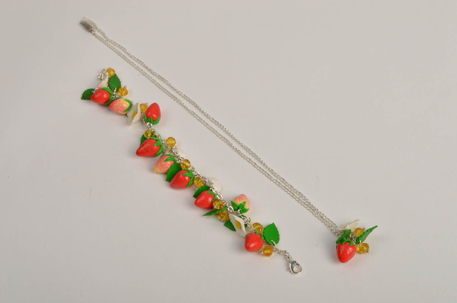 Handmade wrist bracelet necklace pendant polymer clay strawberry jewelry photo 3