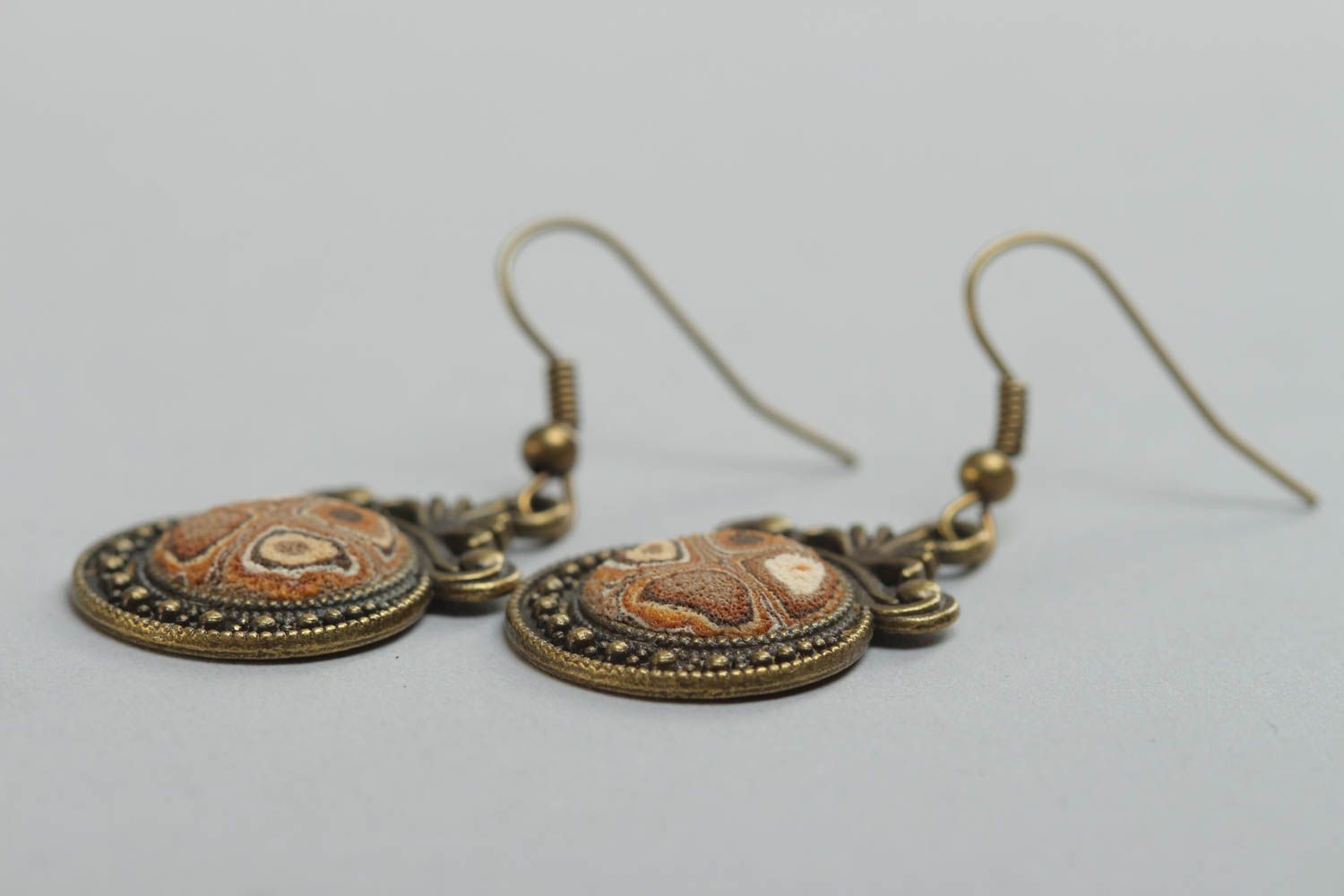 Beautiful unusual brown handmade polymer clay long earrings photo 3